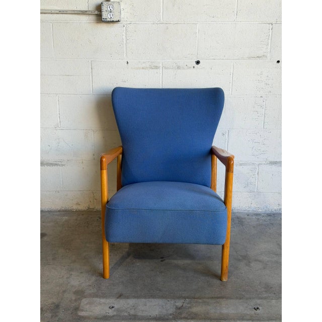 Mid-Century Modern Blue Upholstered Beechwood Lounge Chair Danish Mid-Century Modern 1960s For Sale - Image 3 of 10