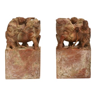 Pair Large Antique Stone Statues Bookends Boy and Buffalo For Sale