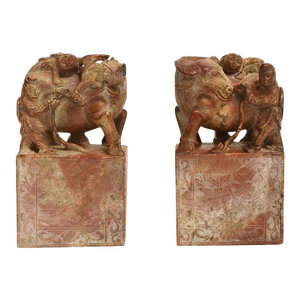 Pair Large Antique Stone Statues Bookends Boy and Buffalo