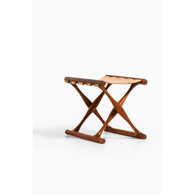 Folding stool in teak and original natural leather by poul hundevad, 1950's additional information: material: teak and...