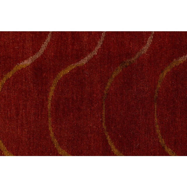 Brick Red Contemporary Tibetan Wool & Silk Rug in Crimson and Gold With Art Deco Boder For Sale - Image 8 of 11