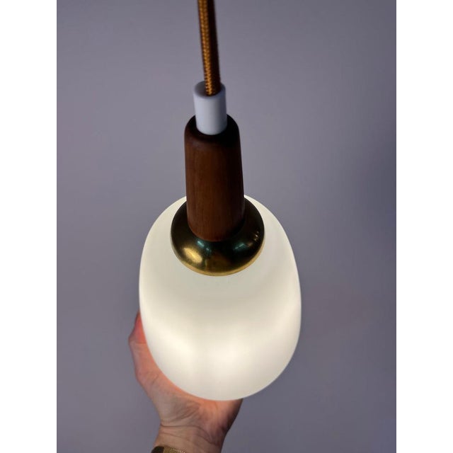 Opal Glass Pendant Lamp with Teak and Brass Cable, Denmark For Sale - Image 5 of 11