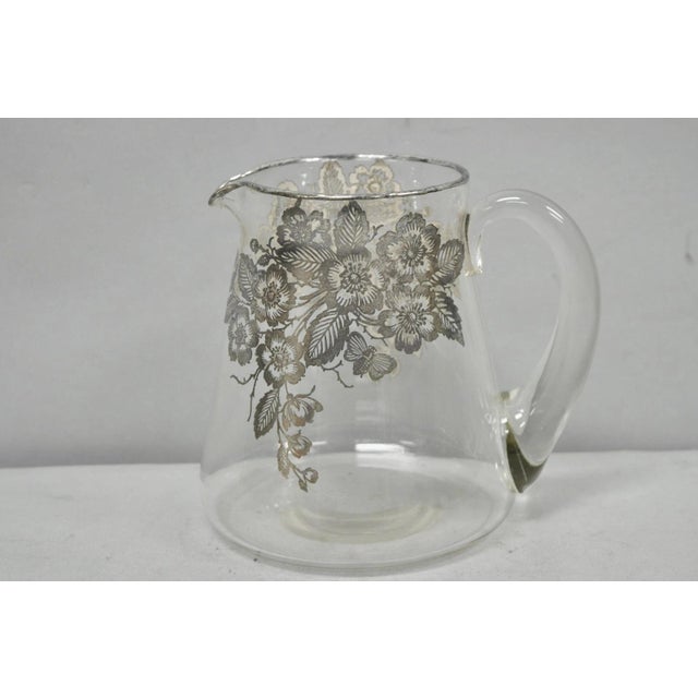 Silver Vintage Art Nouveau Floral Sterling Silver Overlay Crystal Glass Water Pitcher For Sale - Image 8 of 11