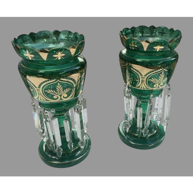 Emerald Pair Antique Victorian 14" Emerald Green & Gilt Art Glass Mantle Lusters With Prisms For Sale - Image 8 of 12