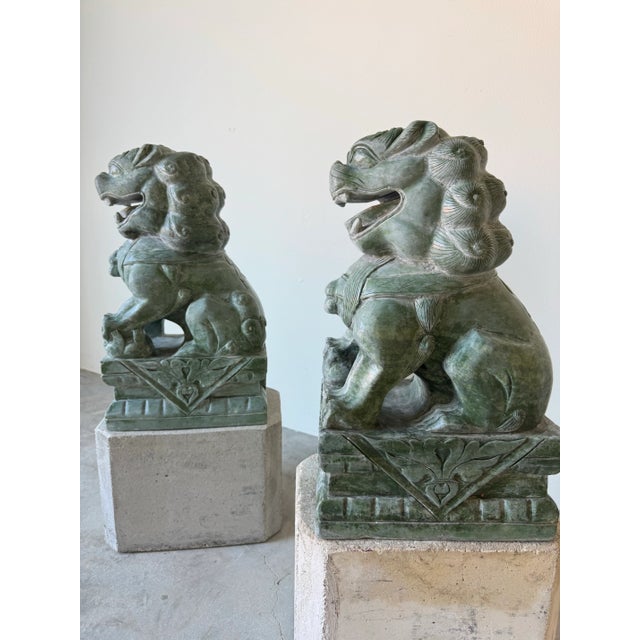 Pair of Large Vintage Chinese Green Soapstone Foo Dog Guardian Sculptures For Sale In Miami - Image 6 of 12