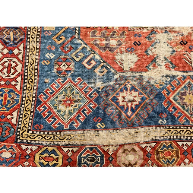 Antique Caucasian Kazak Rug, Medallion Pattern, Hand-Knotted Wool, Blue & Red, 4' x 8' For Sale - Image 15 of 16