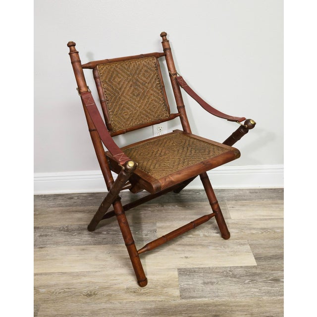 Campaign Early 20th Century Pair of British Colonial Campaign Folding Chairs · Faux Bamboo · Original Herringbone Wicker · Brass/Bronze Hardware For Sale - Image 3 of 8