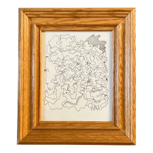 1980’s Original Wayne Cunningham Abstract Ink Drawing Vintage Honey Oak Frame