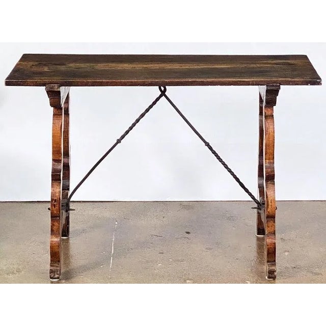 Spanish Console or Trestle Table of Patinated Walnut With Metal Strap Supports For Sale - Image 11 of 12