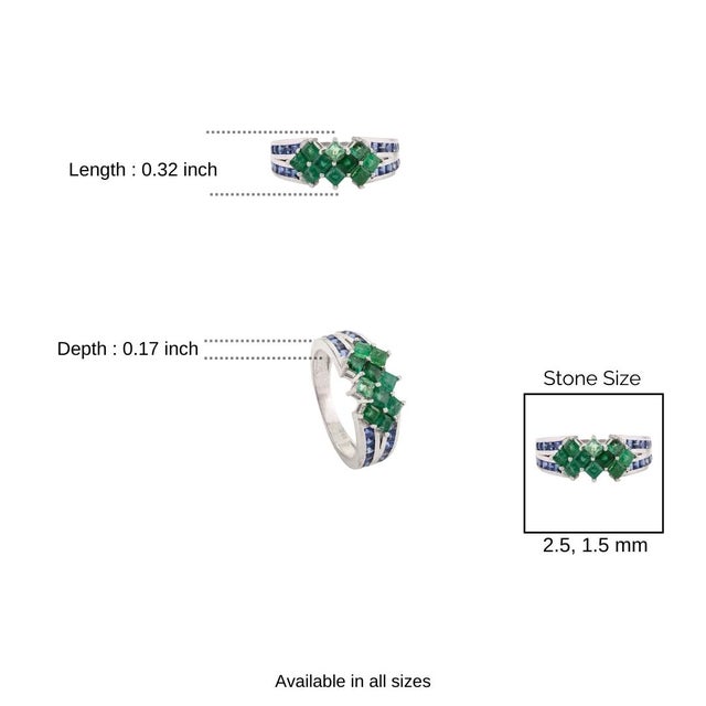 Art Deco 925 Silver Sqaure Emerald & Sapphire Cluster Band Ring Anniversary Gift - Size 7 For Sale - Image 9 of 11