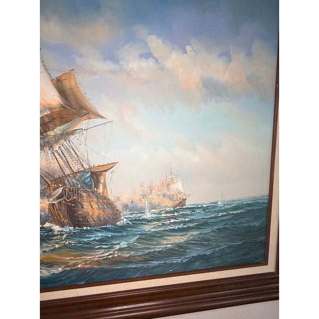 Cerulean 1950s J. Harvey Naval Battle Maritime Oil on Canvas Painting For Sale - Image 8 of 12