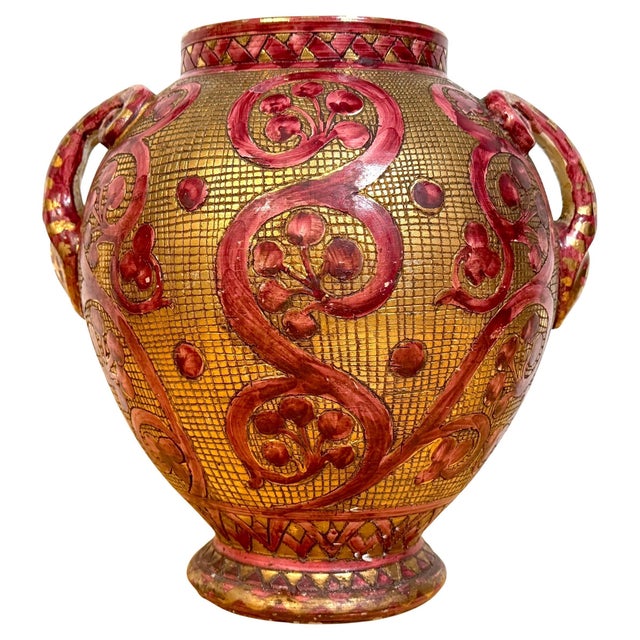 Large Italian Aretini Pottery Vase, Red & Gold Enamel Relief Decoration, Arezzo For Sale - Image 9 of 18
