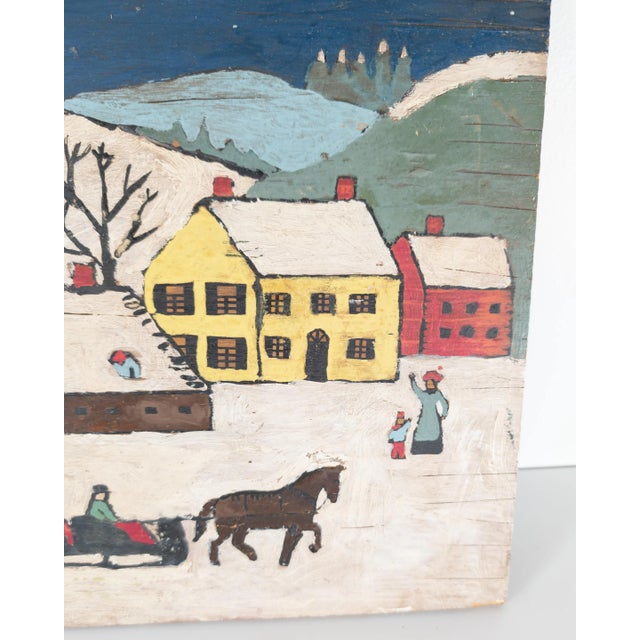20th Century Americana Folk Art Winter Landscape Sleigh Painting | Chairish