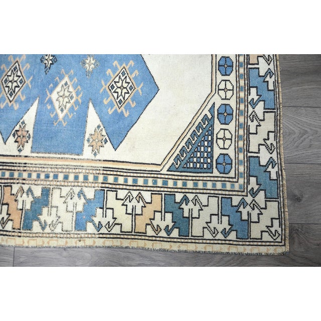 Beige 1960s Vintage Turkish Beige and Blue Handmade Area Rug For Sale - Image 8 of 11