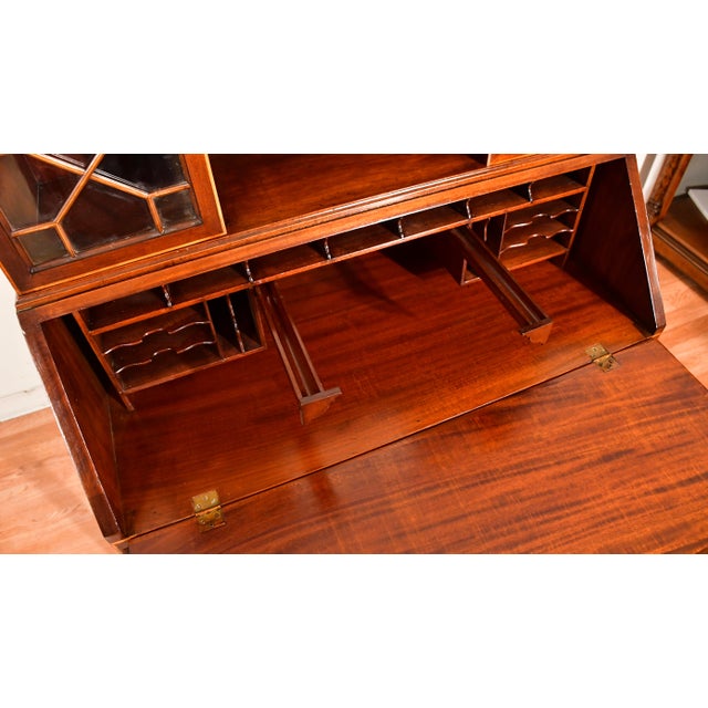 1900s Antique English Edwardian Mahogany & Satinwood Inlay Secretary Desk Writing Desk For Sale - Image 9 of 18