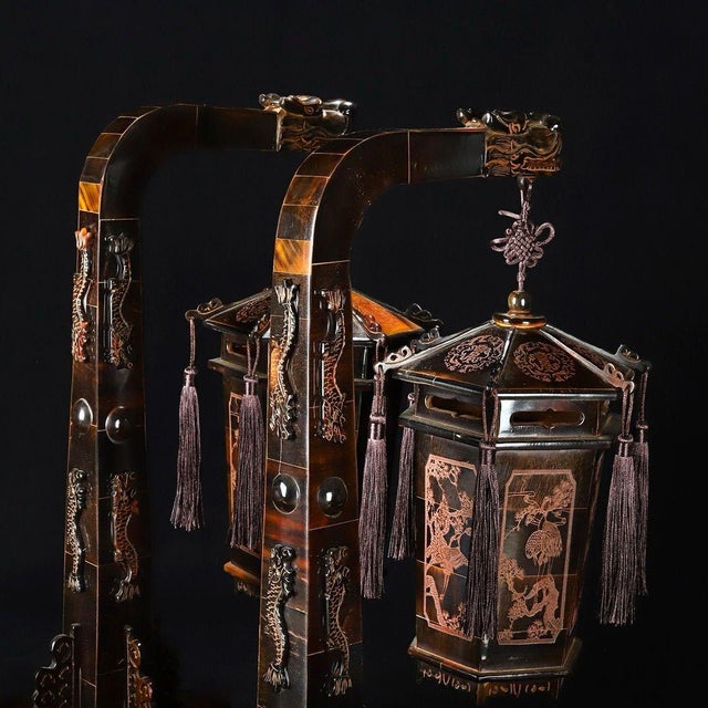 Asian Pair of Vintage Carved Horn Hexagonal Lantern Ornaments With Stands For Sale - Image 3 of 9