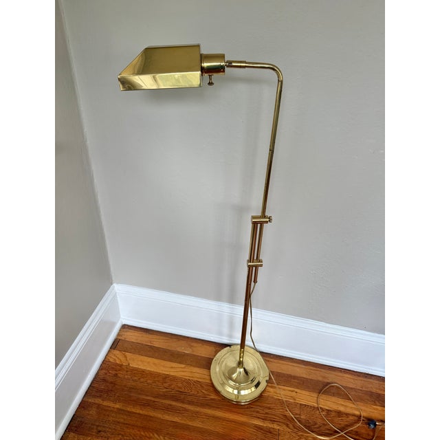 Late 20th Century Hollywood Regency Polished Brass Adjustable Height Pharmacy Floor Lamp With Hooded Shade For Sale - Image 6 of 12