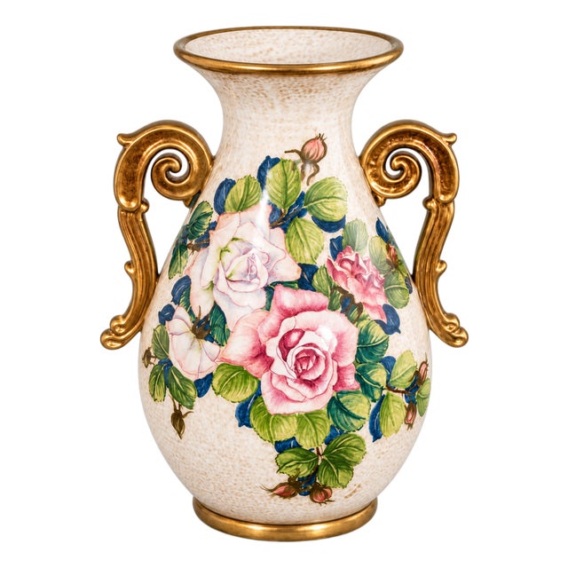 Italian Hand-Painted Rose Ceramic Vase With 24k Gold Scroll Handles For Sale