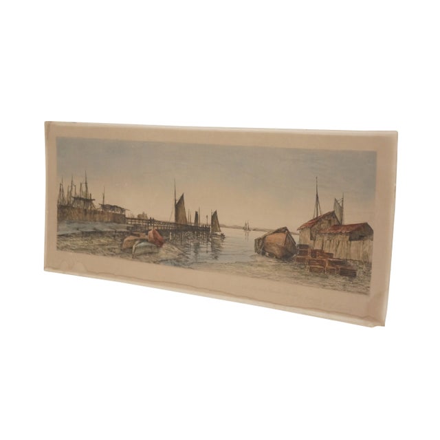 Late 19th century hand colored etching titled "An Oldport Harbor Landing" by Charles Frederick Mielatz. Nautical landscape...