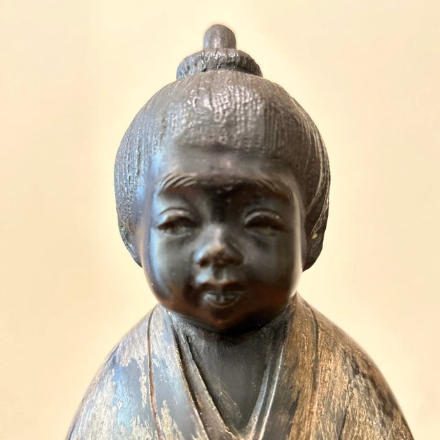 Mid 20th Century Vintage Japanese Bronze Sculpture of Young Monk Artist Signed Stamp Original For Sale - Image 5 of 13