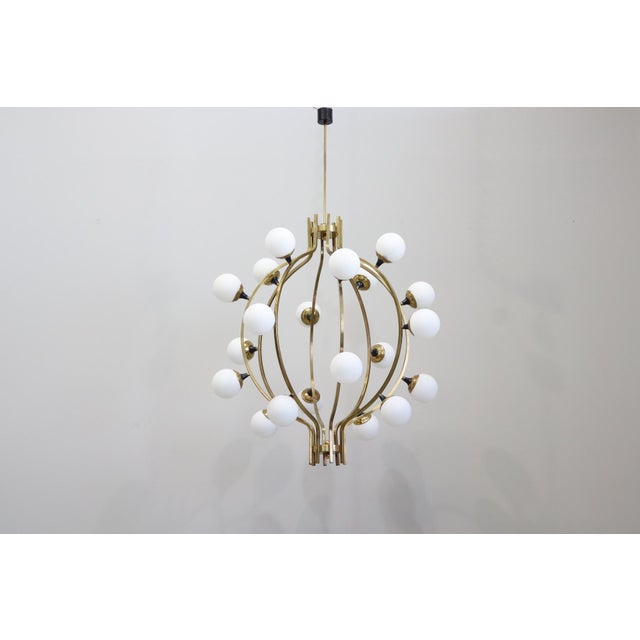 Metal Large 20-Light Chandelier in Brass and Opal Spheres in the style of Stilnovo, 1988 For Sale - Image 7 of 13