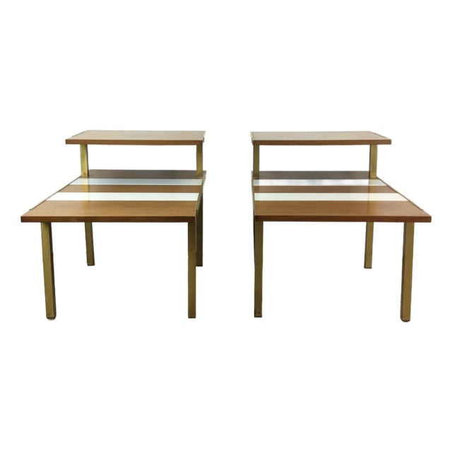 Pair of Mid Century Modern Step End Tables With Wood and Lacquer Top & Brass Legs For Sale