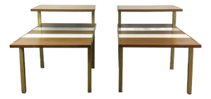 Pair of Mid Century Modern Step End Tables With Wood and Lacquer Top & Brass Legs