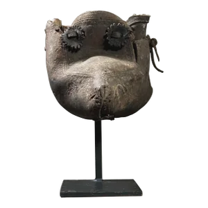 Antique Outsider Leather and Wood Dog Head Stirrup Sculpture on Stand