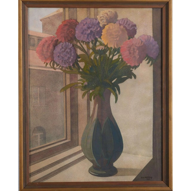 Swedish Watercolour of Flowers in Vase on Window Sill, 1935 For Sale - Image 3 of 3
