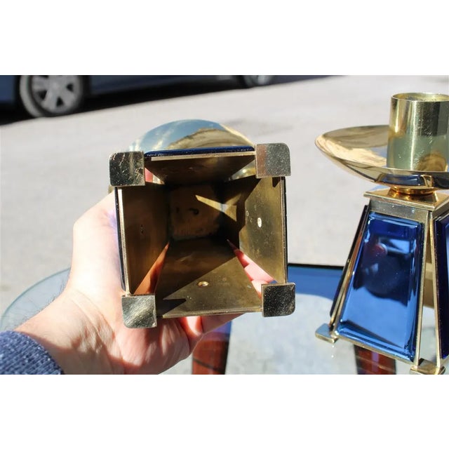 Mid-Century Modern Gold-Plated Brass & Mirrored Glass Candelabras In Bevelled Cobalt Blue, 1950s, Set of 2 For Sale - Image 3 of 12