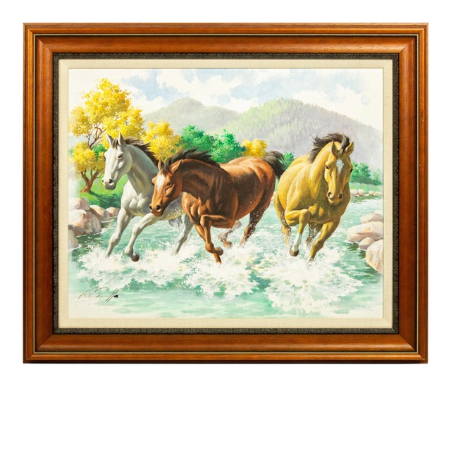 Arthur Saron Sarnoff Original Painting on Board of Horses Running in Stream For Sale