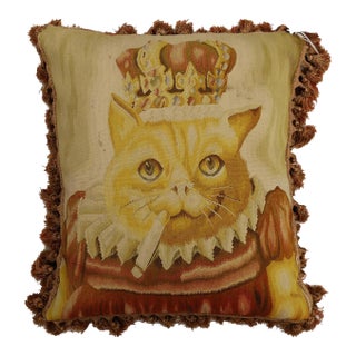 Handwoven Wool Smoking Cat Decorative Pillow For Sale