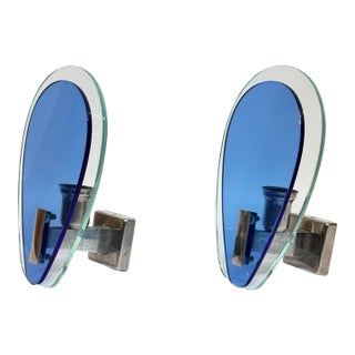 1970s Italian Blue Glass and Nickel Sconce Pair by Veca For Sale