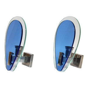1970s Italian Blue Glass and Nickel Sconce Pair by Veca