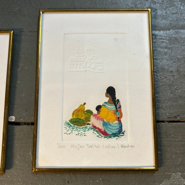 Set of four 1980’s Mexican folk art embossed lithographs. They measure approximately 3.75x4.5 (2), 3.5x5, and 5.25x6.25....