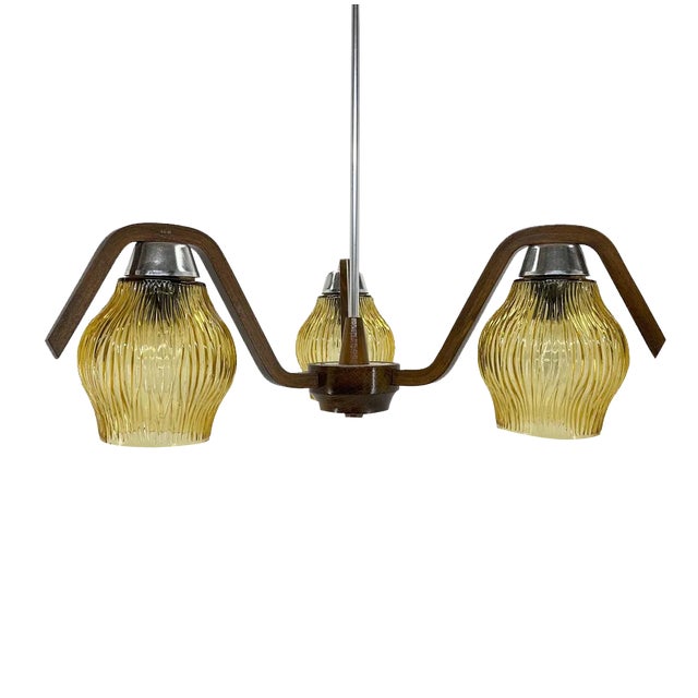 Wood & Glass Chandelier attributed to Wood Humpolec, 1960s For Sale