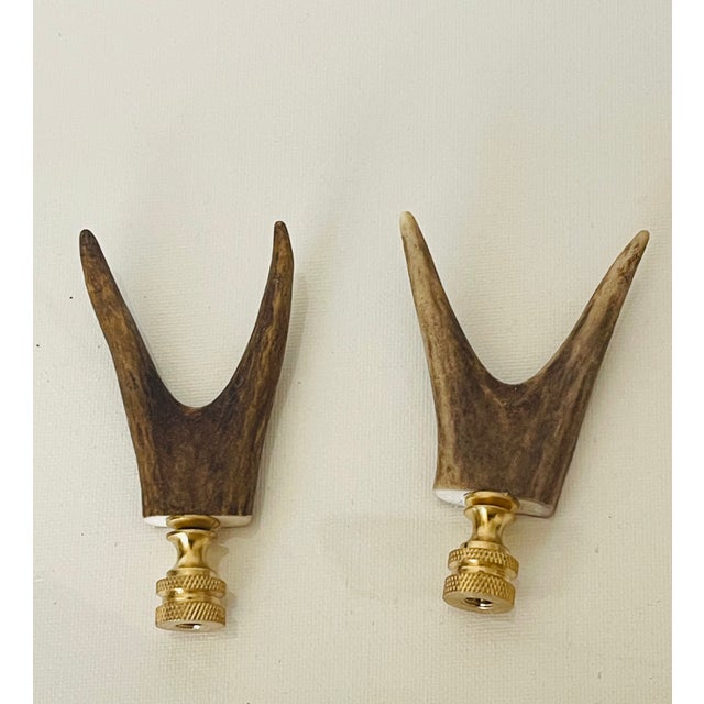 Rustic 1940s Black Forest Deer Antlers Horn Lamp Finials - A Pair For Sale - Image 3 of 3