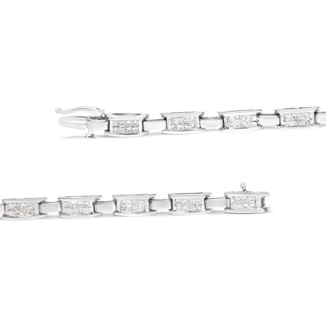 Contemporary 14K White Gold 2.0 Cttw Princess Cut Invisible Set Diamond Rectangular Link Bracelet (I-J Color, I1-I2 Clarity) - 7.25" For Sale - Image 3 of 7
