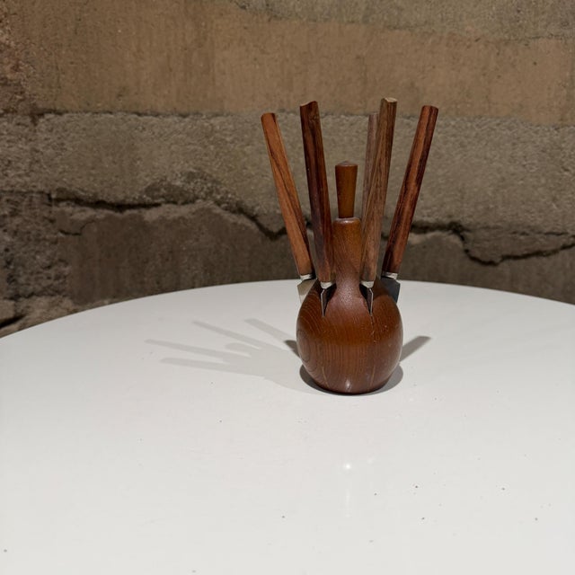 For your consideration, a vintage Scandinavian teak fruit or cheese knife set, attributed Karl Holmberg Swedish mid-...