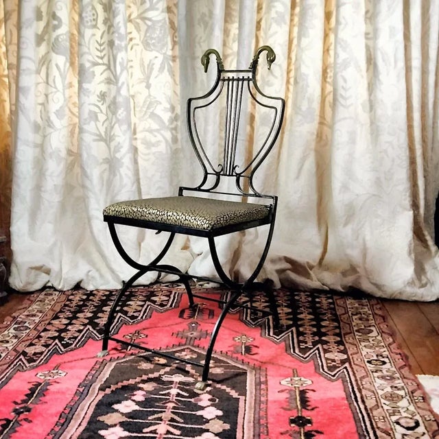 Neoclassical Wrought Iron Lyre Back Folding Garden Chairs With Brass Swan Heads and Feet, Circa 1930s – Set of 4 For Sale - Image 6 of 10