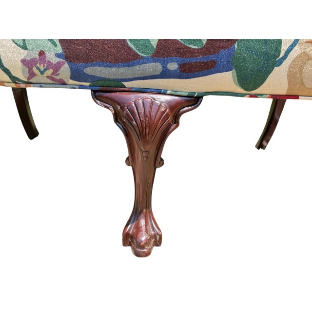 Textile Vintage Queen Anne Style Floral Linen Fabric Wingback Love Seat For Sale - Image 7 of 11