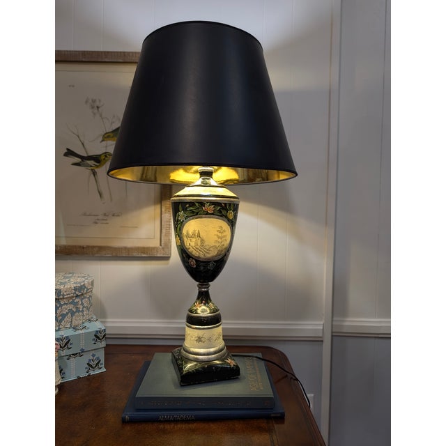Large Vintage Hand-Painted Chinoiserie Black Lacquer Urn Table Lamp For Sale In Dallas - Image 6 of 10