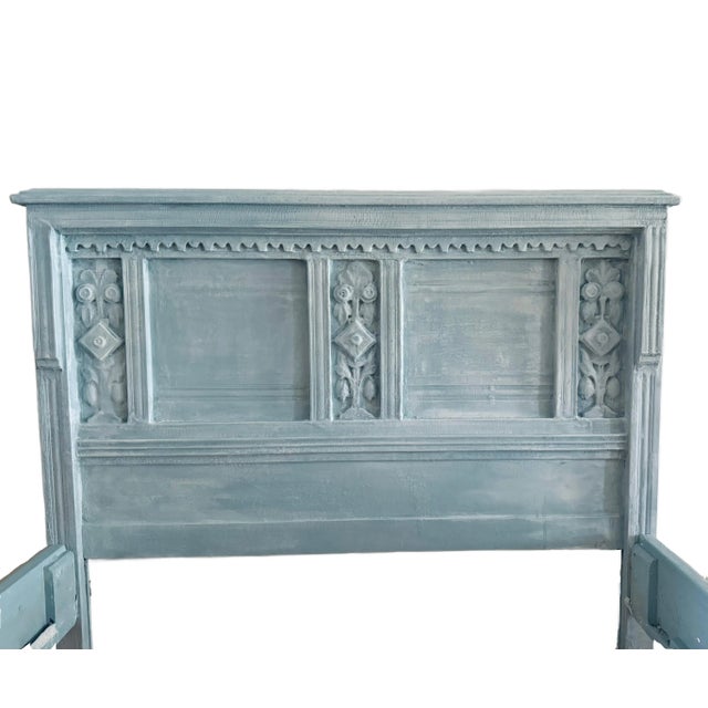 Stunning oak Victorian Full Size Bed frame wrapped in a soft blue linen plaster, adding a touch of elegance and texture....