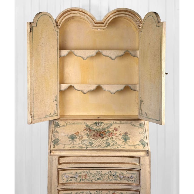 Off-white Vintage Italian Venetian Hand Painted Secretary Desk W/ Bookcase Top For Sale - Image 8 of 17