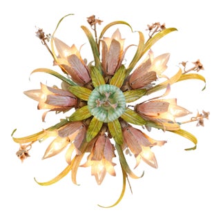 Chic Ceiling Mount Floral Tole Eight-Light Fixture For Sale
