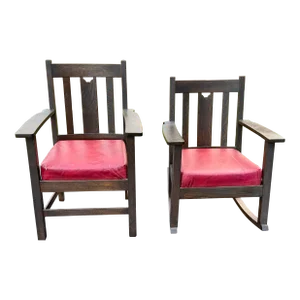 Vintage Arts & Crafts Mission Oak Wood Matching Rocker and Armchairs- a Pair