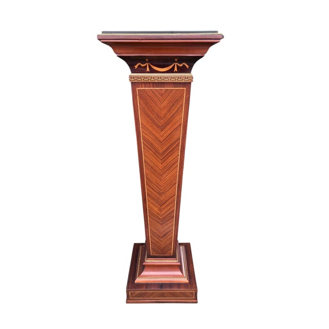 High Quality pedestal with beautiful inlaid woods, and brass trim work. Stunning accent piece to add elegance to any room....