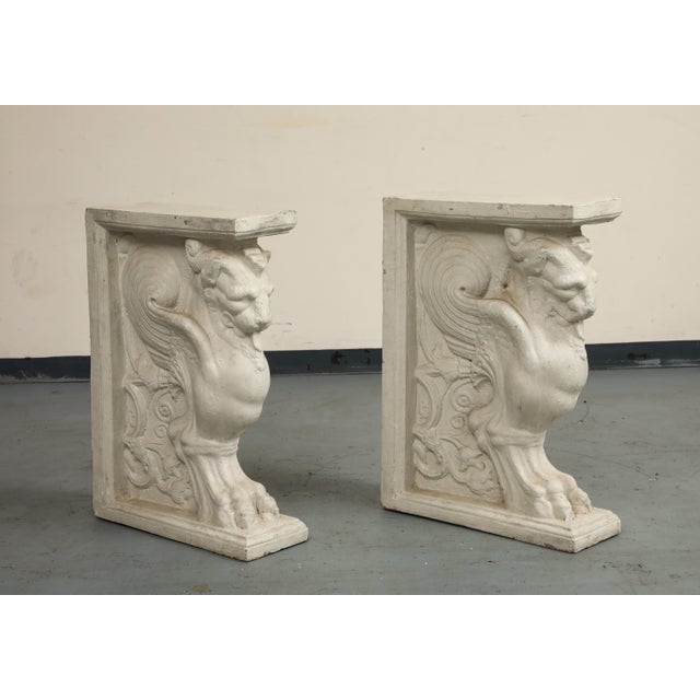 Stone 20th C. Console Table Cast Stone Winged Lion Pedestals & Marble Top For Sale - Image 7 of 16