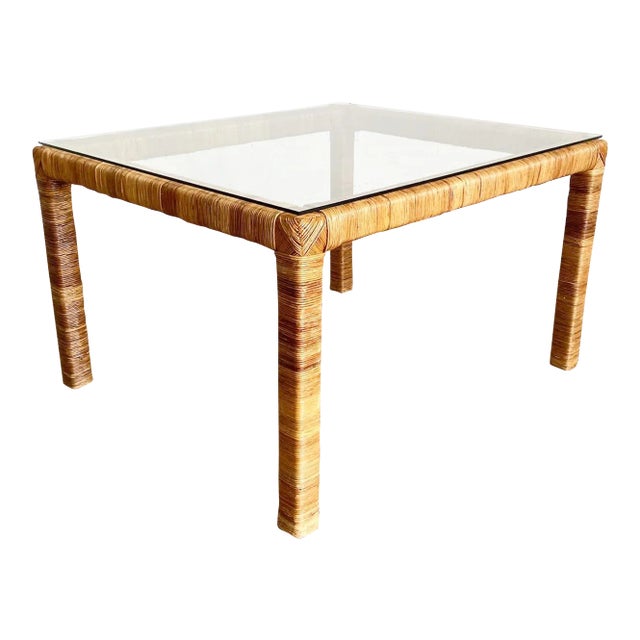 Boho Chic Rattan Glass Top Coffee Table For Sale