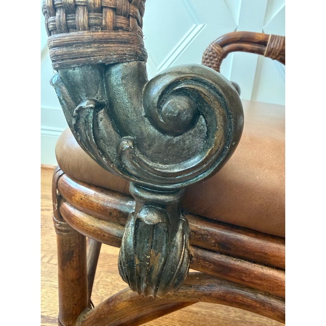 Vintage British Colonial–Style Cane & Rattan Armchair With Leather Seat For Sale - Image 9 of 11